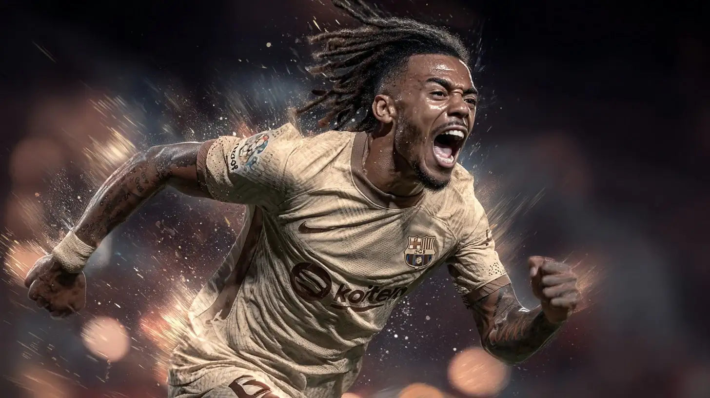 Jules Koundé of FC Barcelona, explosive celebration in sand-gold away kit, motion sparks, powerful shout mid-run.