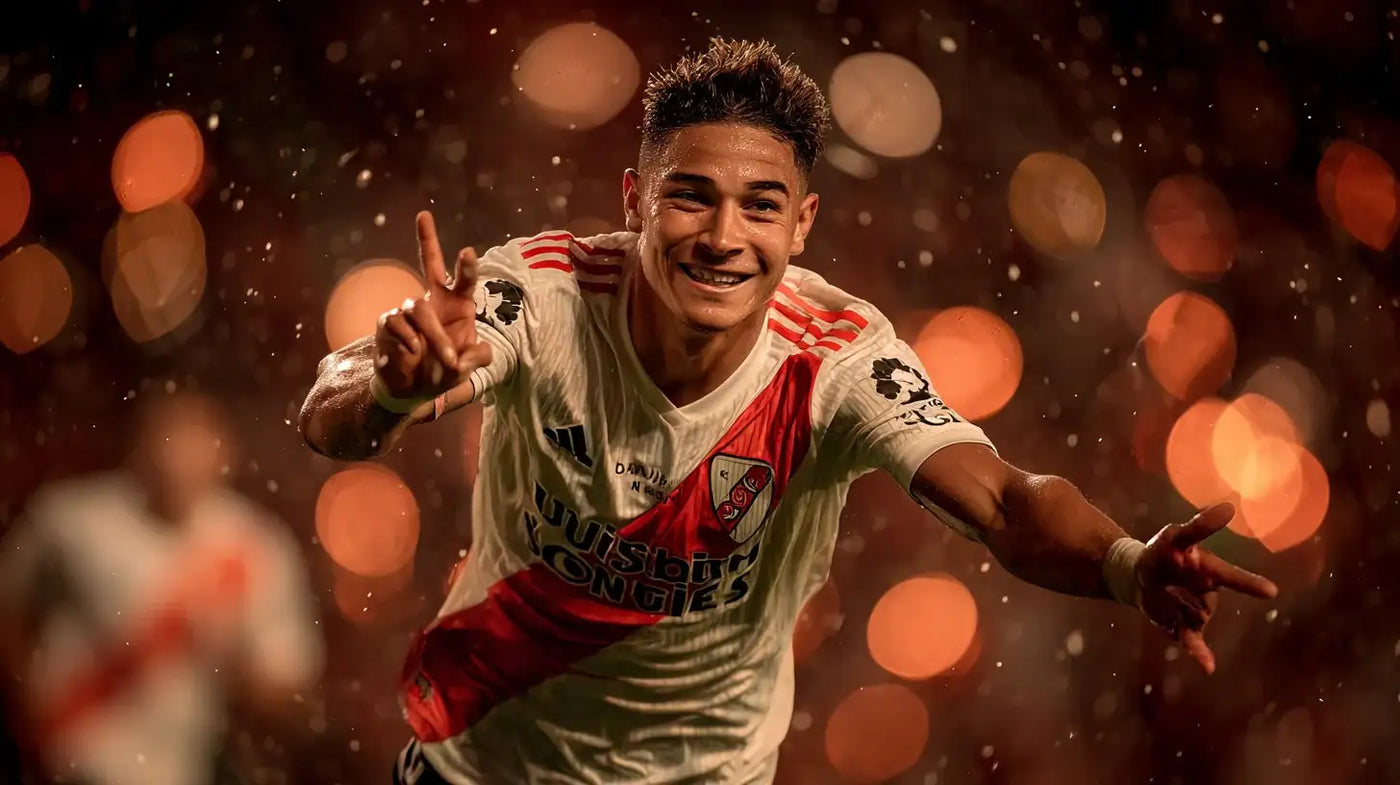 Julián Álvarez of River Plate, arms wide mid-celebration in white shirt with red sash, light rain and warm bokeh.