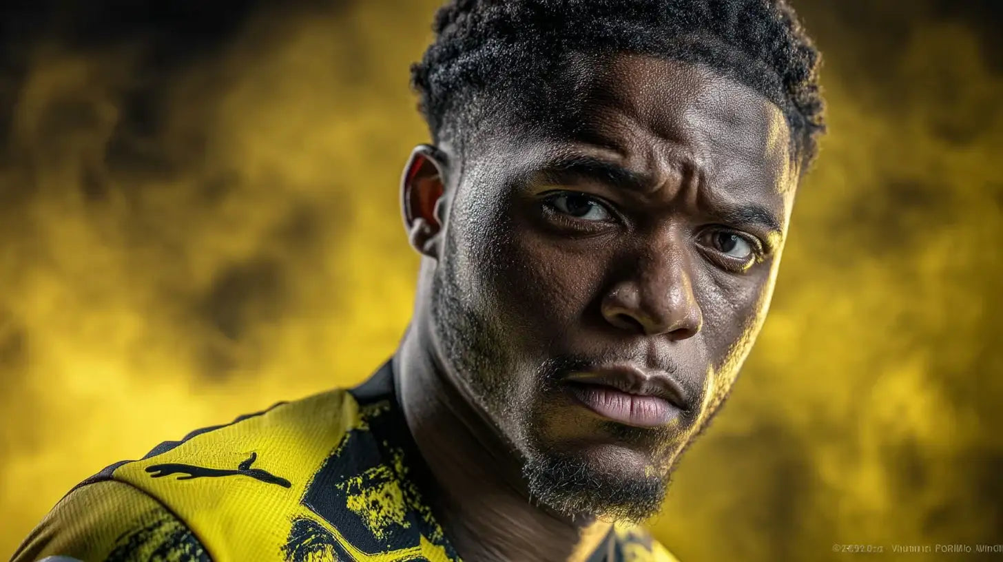 Julian Duranville of Borussia Dortmund, intense close-up in yellow-black kit with sweat and focus under stadium lights.