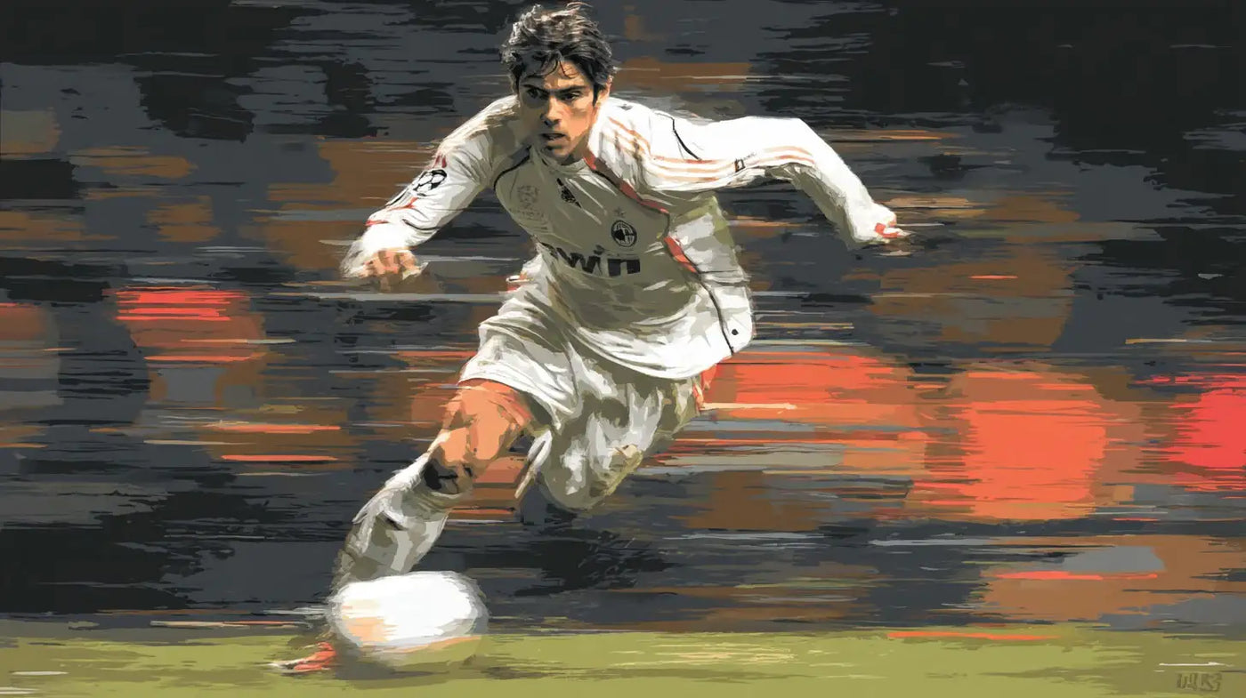 Kaká of AC Milan, sprinting with the ball in white kit, motion blur emphasizing speed on a European night.