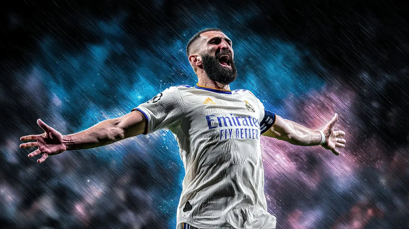 Karim Benzema of Real Madrid, arms outstretched celebrating in white kit as rain falls under bright lights.