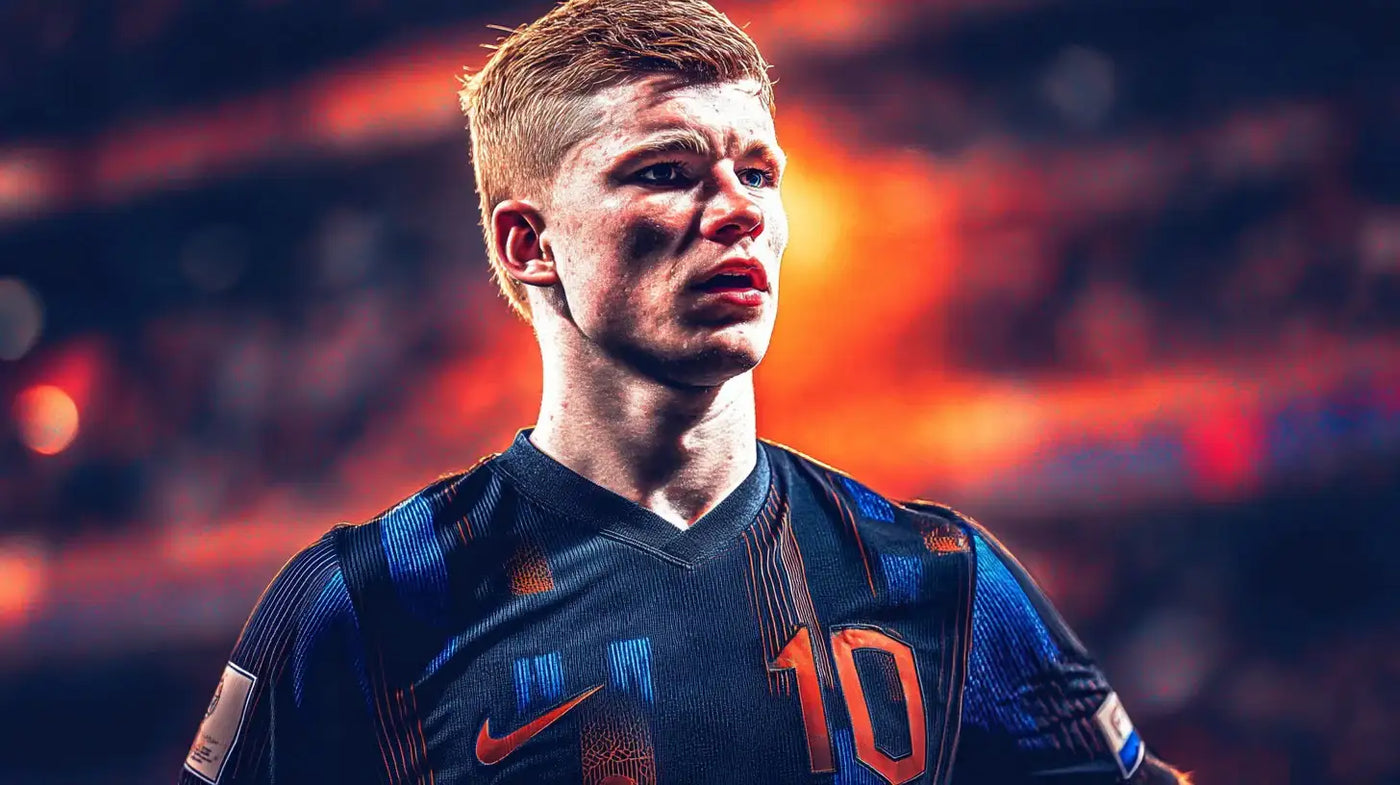 Kees Smit of Holland, close-up in number 10 kit, eyes forward amid a warm orange stadium glow.