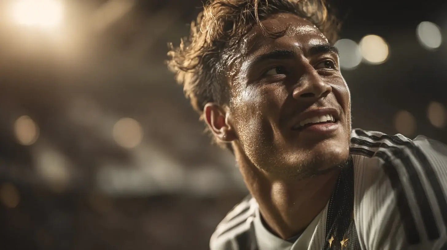 Kenan Yildiz of Juventus, smiling close-up in black-and-white stripes under bright stadium lights.