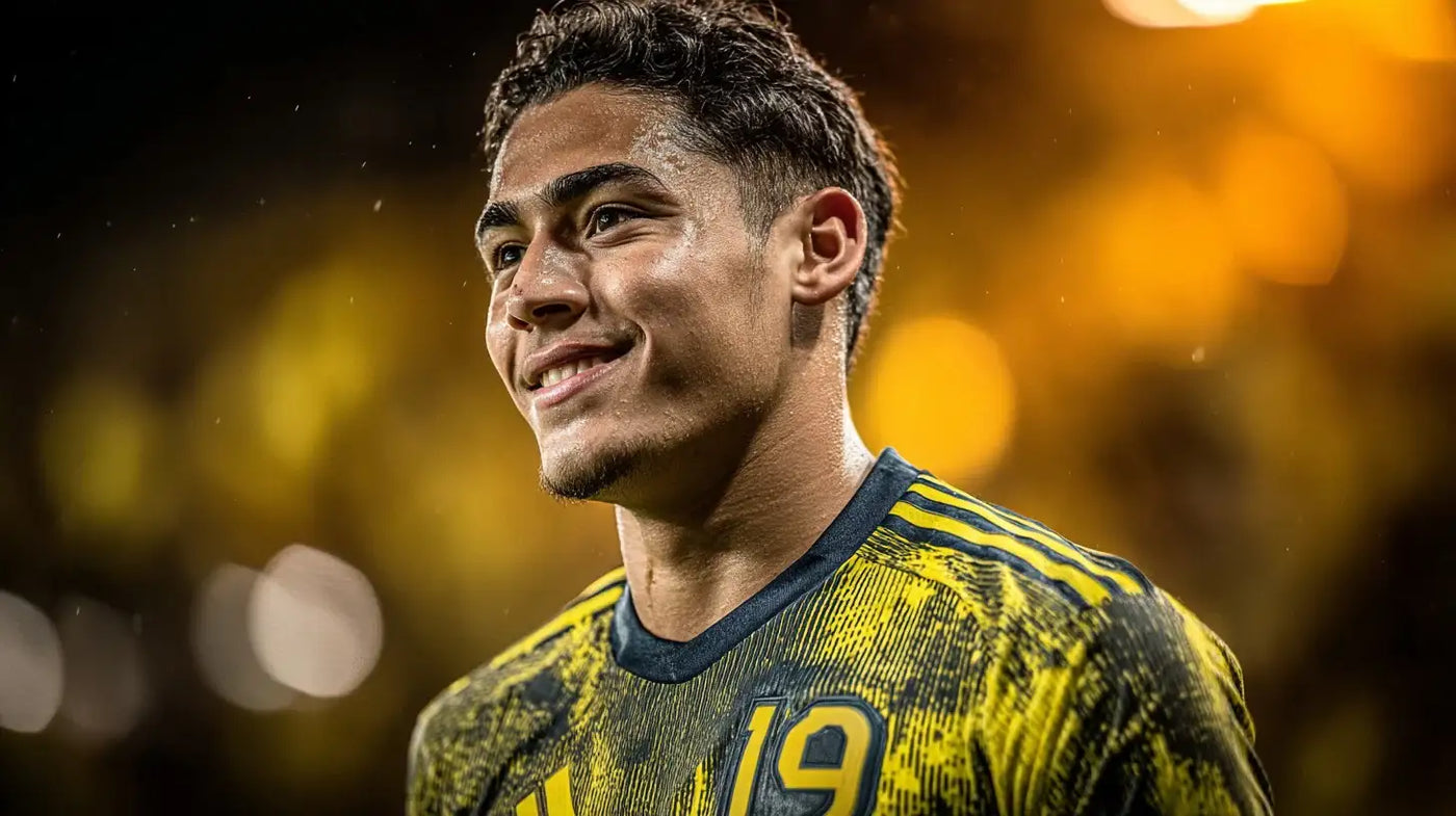 Kendry Paez of Independiente, cheerful close-up in team kit with golden bokeh lights in the background.