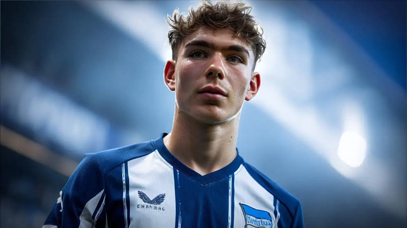 Kenneth Eichhorn in Hertha BSC blue-and-white striped shirt, close-up portrait in stadium lighting.