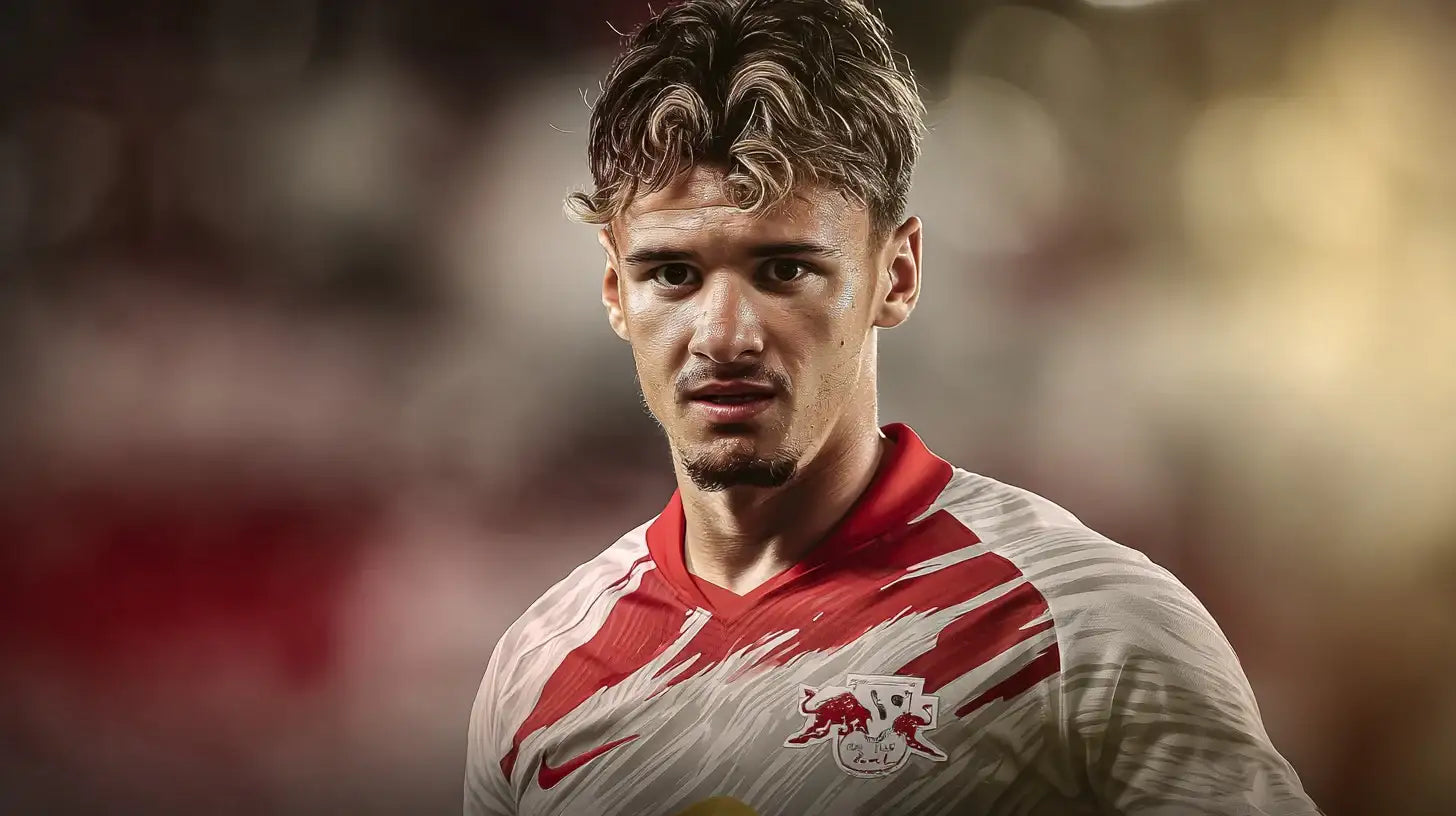 Kerim Alajbegovic in white Red Bull Salzburg football shirt with red brush stroke pattern and club badge.