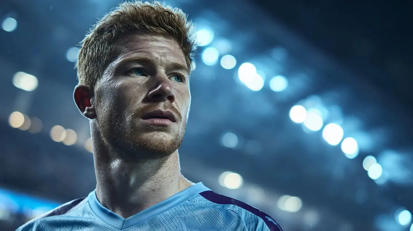 Kevin De Bruyne wearing the Manchester City sky-blue kit, rain-dappled face as he looks left beneath bright stadium lights.