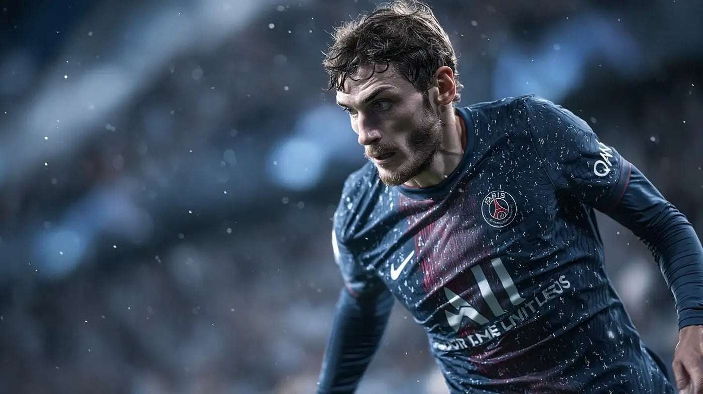 Khvicha Kvaratskhelia wearing the Paris Saint-Germain dark kit, driving forward with fierce focus amid falling snow and a blurred crowd.