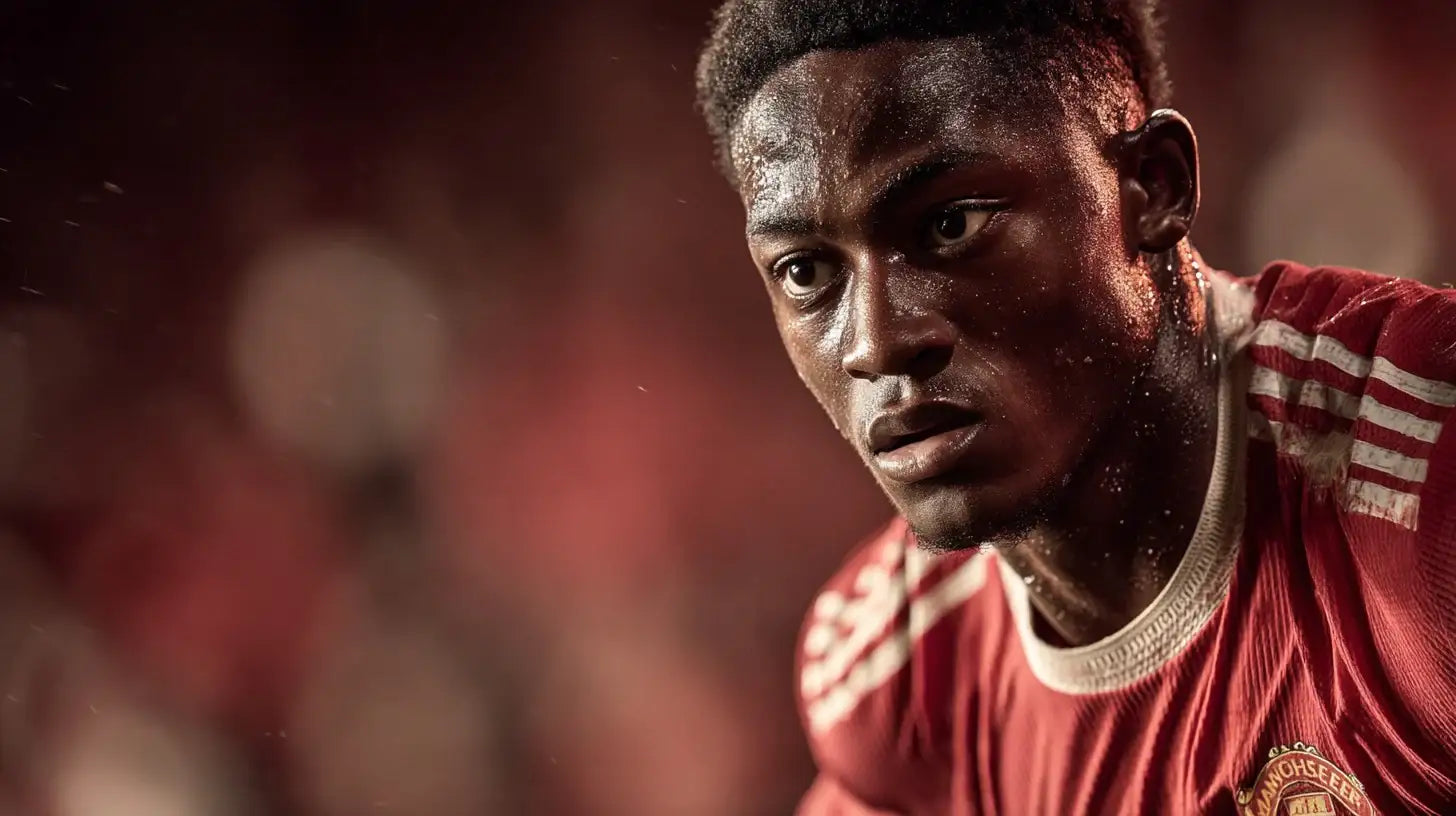 Kobbie Mainoo wearing the Manchester United red home kit, intense game-time close-up with warm bokeh lights behind.