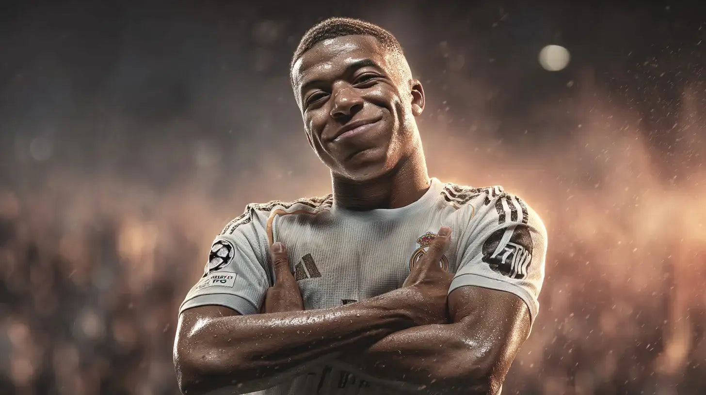 Kylian Mbappé wearing the Real Madrid white kit, celebratory arms-crossed pose against a golden stadium glow.