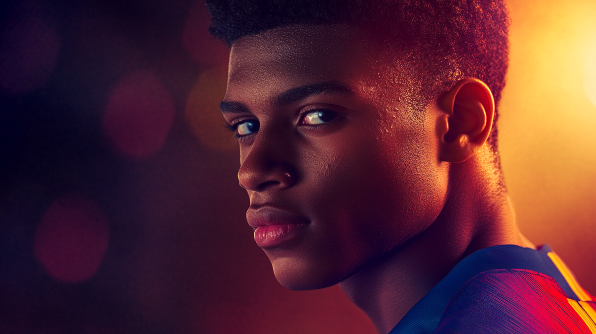 Artwork for the Lamine Yamal collection, close up of a young Barcelona star in a blaugrana home shirt under dramatic stadium lighting.