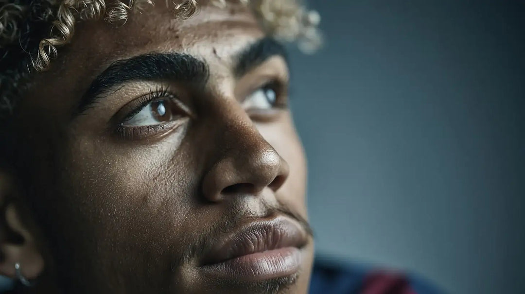 Lamine Yamal wearing the FC Barcelona kit, thoughtful close-up in soft studio light with a cool gray backdrop.