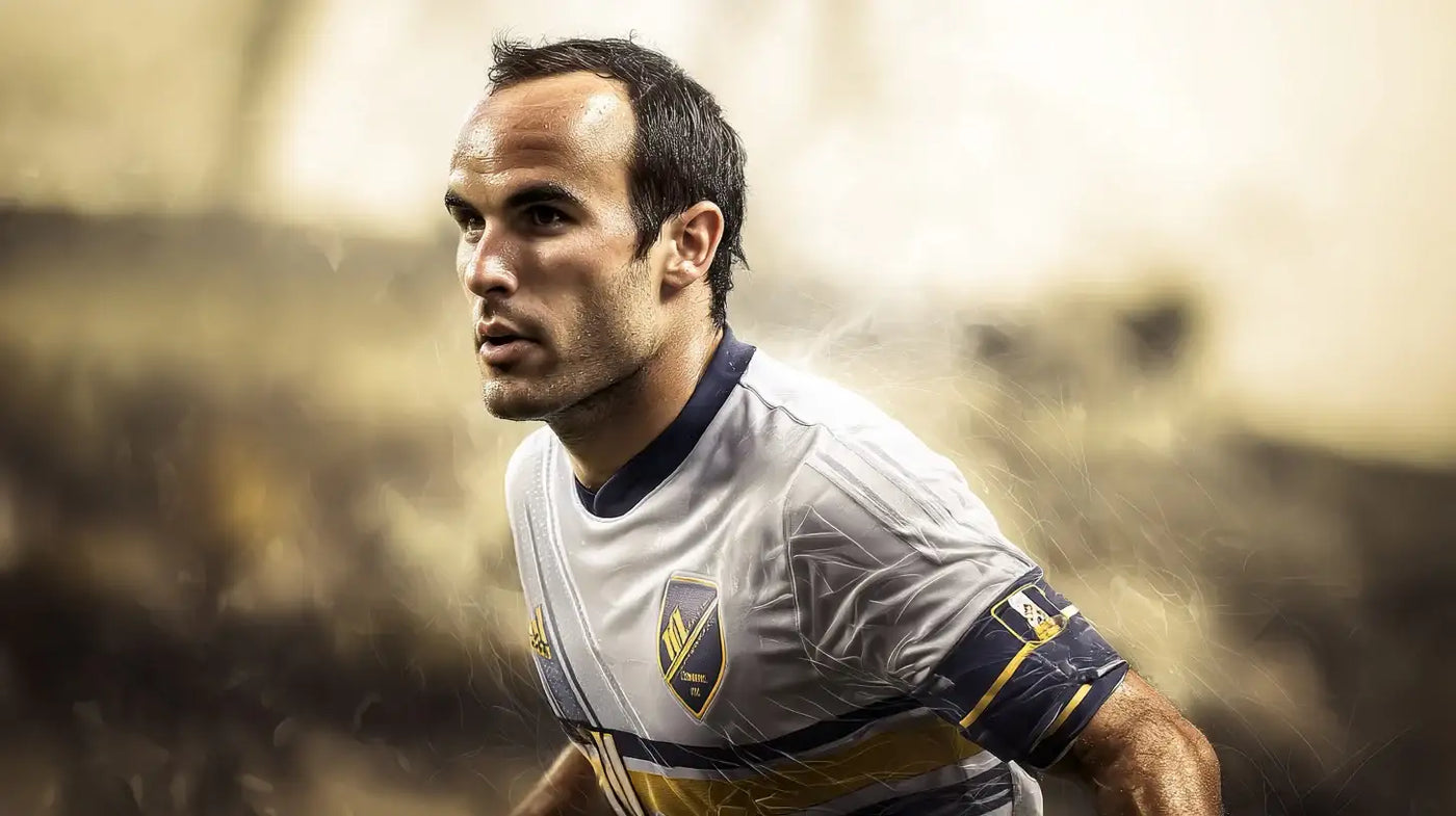 Landon Donovan running in a white LA Galaxy shirt, side view with concentrated expression and bright blurred stands behind him.