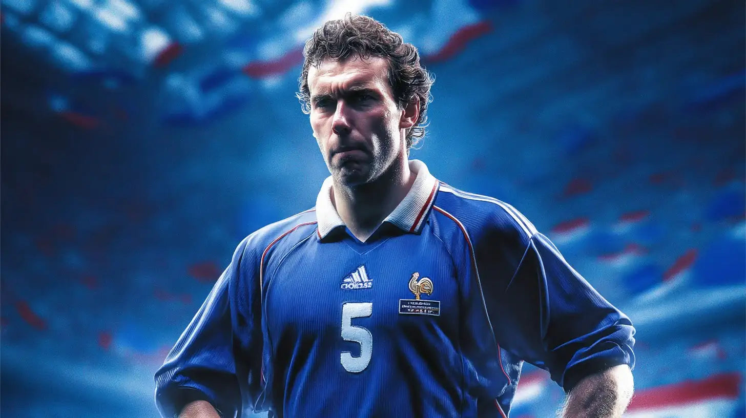 Laurent Blanc France 1998 standing in France 1998 blue shirt with number 5, focused match-day expression.