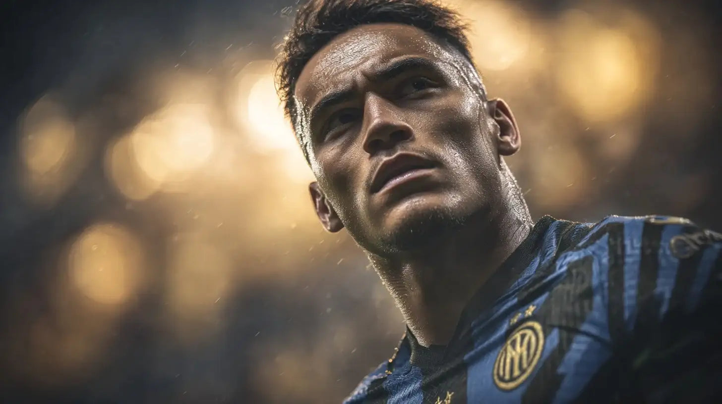 Lautaro Martínez wearing the Inter Milan blue-and-black striped kit, rain-lit close-up as he glances upward with determination.