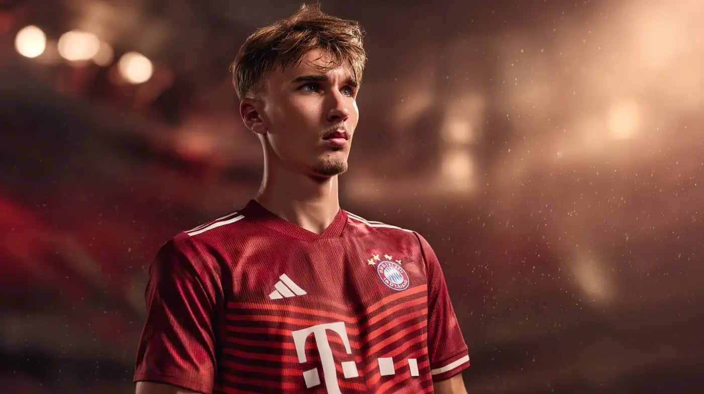 Lennart Karl wearing a red Bayern Munchen football shirt with the club badge, stadium lights softly blurred in the background.