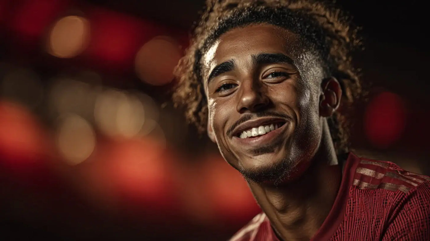 Leny Yoro wearing the Manchester United red kit, bright smile in warm arena lights during a cinematic close-up.