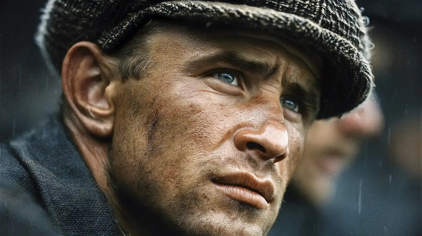 Lev Yashin wearing vintage Dynamo Moscow goalkeeper kit and cap, gritty rain-soaked portrait with period detail.