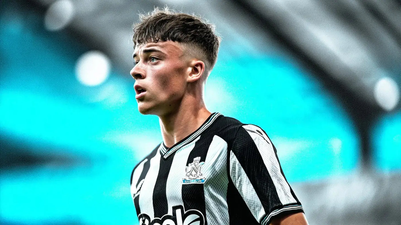 Lewis Miley wearing the Newcastle United black-and-white striped kit, youthful profile under teal stadium lights mid-match.