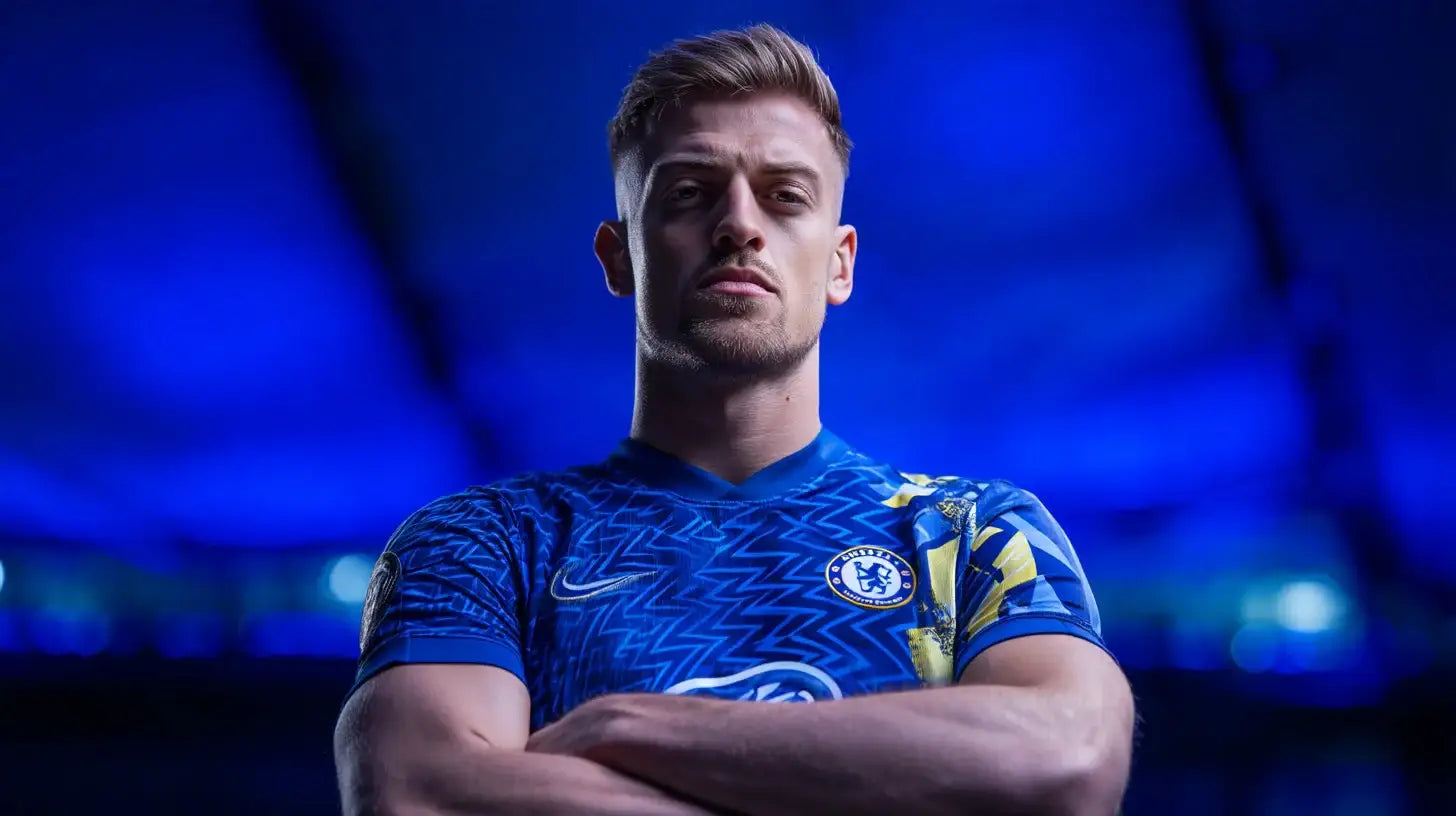 Liam Delap wearing the Chelsea blue home kit, arms crossed in a powerful close-up under deep blue stadium lights.