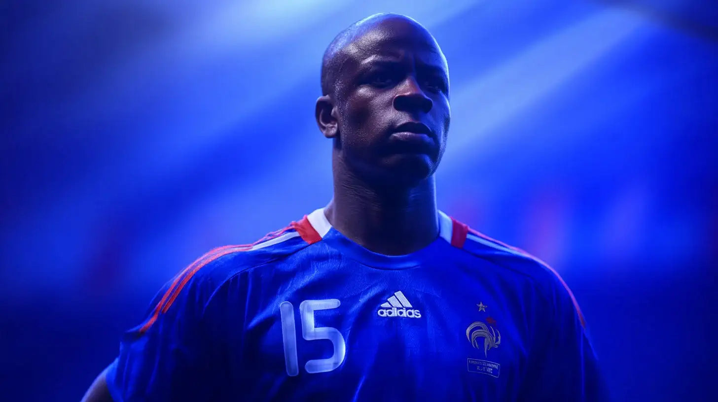Lilian Thuram wearing a France 1998 blue football shirt with number 15 and the France crest, lit by blue stadium lighting.