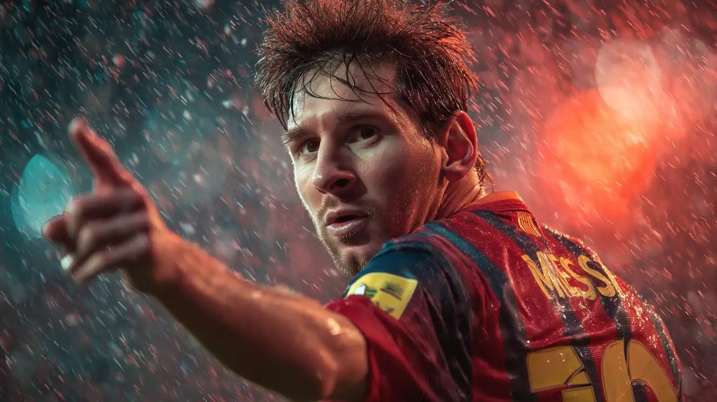 Lionel Messi wearing FC Barcelona’s red-and-blue kit, seen from behind in heavy rain as he points forward, water beading on the name and number.