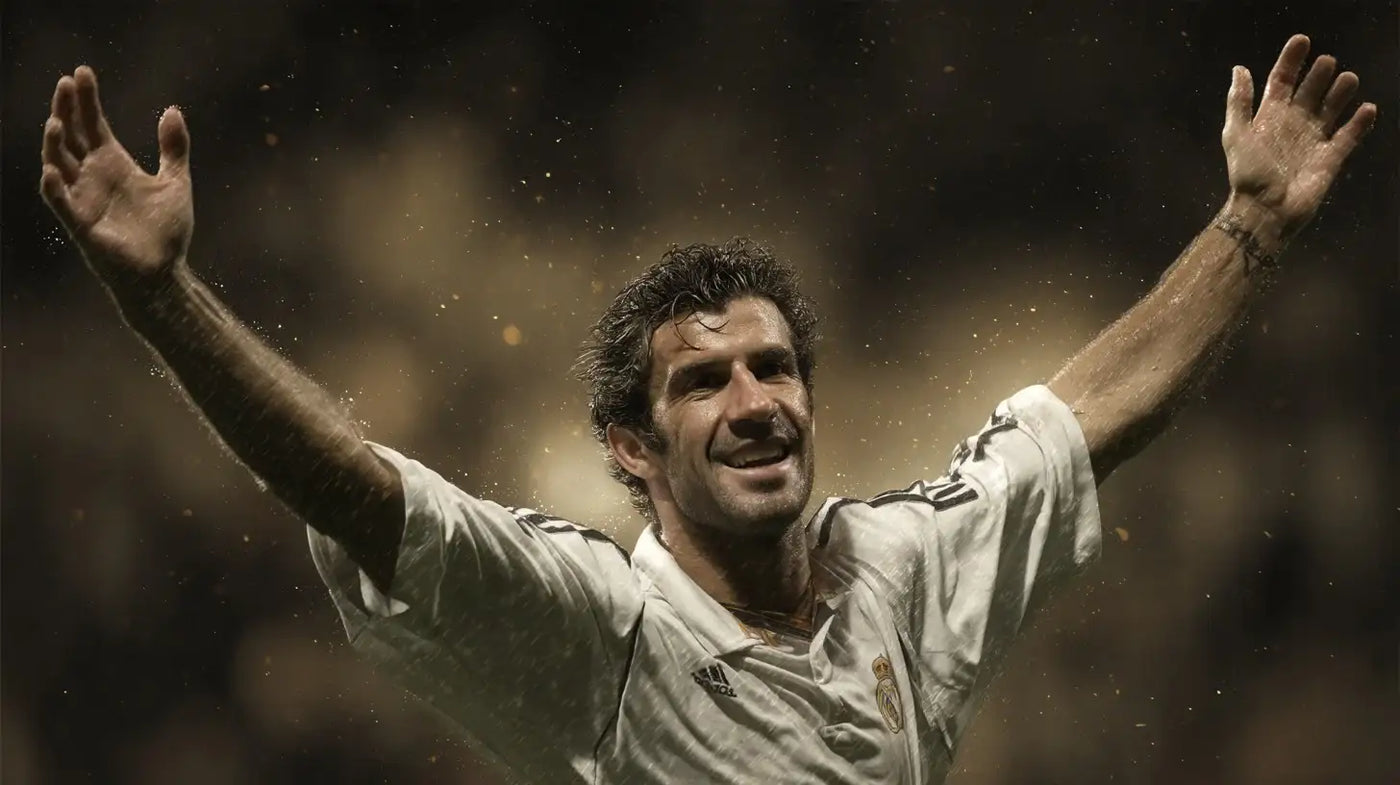 Luís Figo in Real Madrid home kit running with focused expression under bright Bernabéu lights.