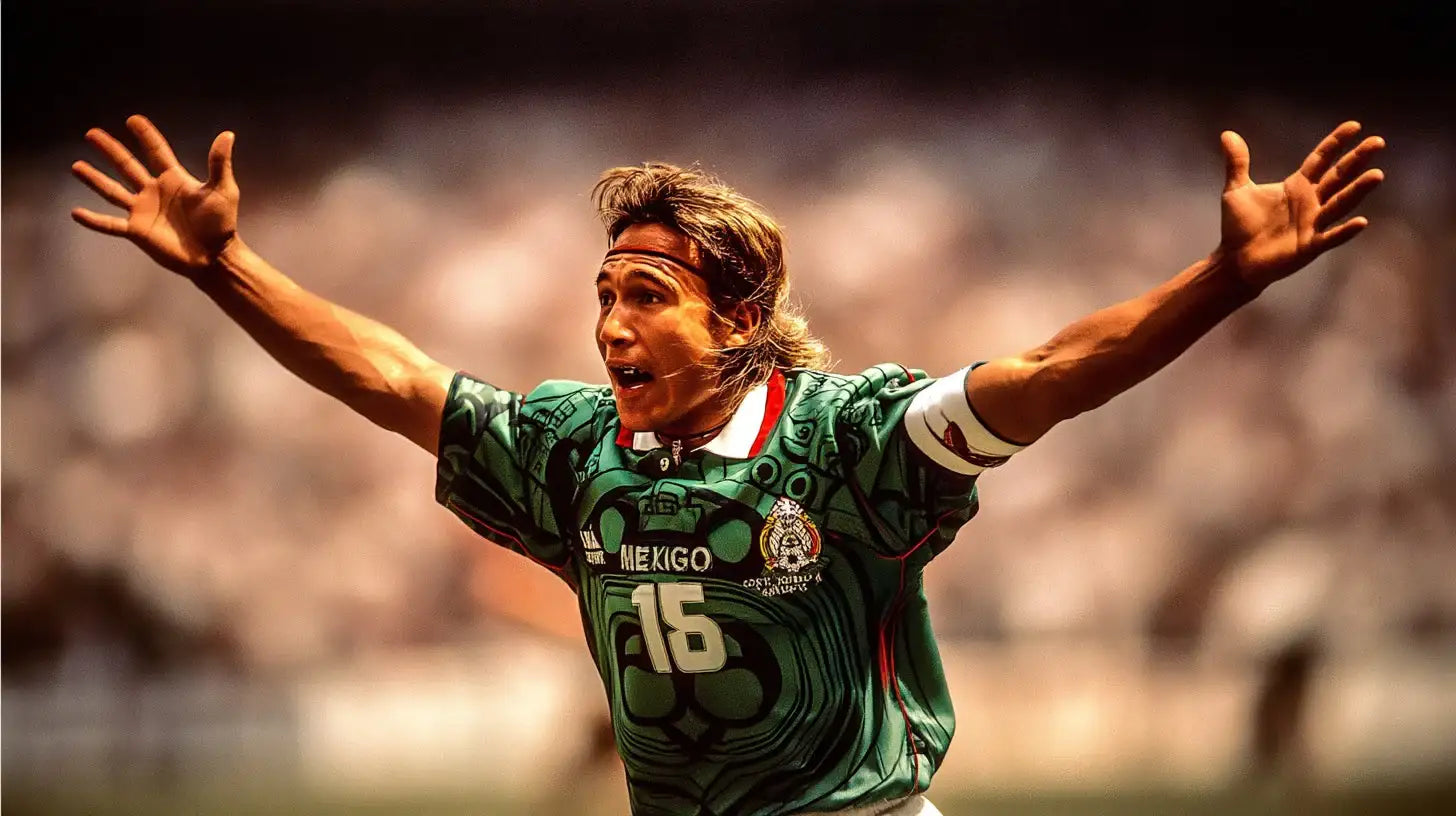 Luis Hernández in a green patterned Mexico national team shirt with number 15, sprinting with arms spread wide against a bright blurred crowd.