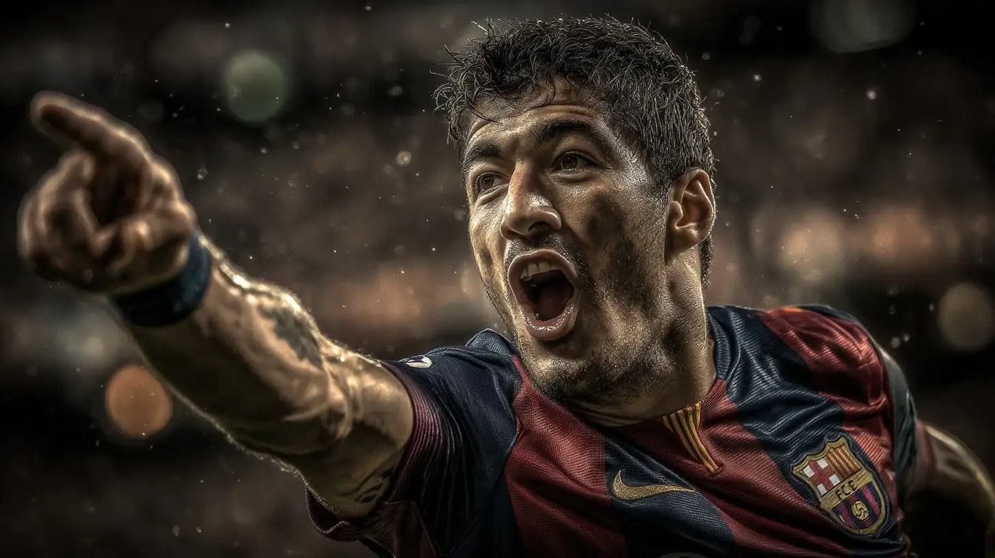 Luis Suárez in FC Barcelona stripes celebrating a goal in heavy rain before a packed crowd.