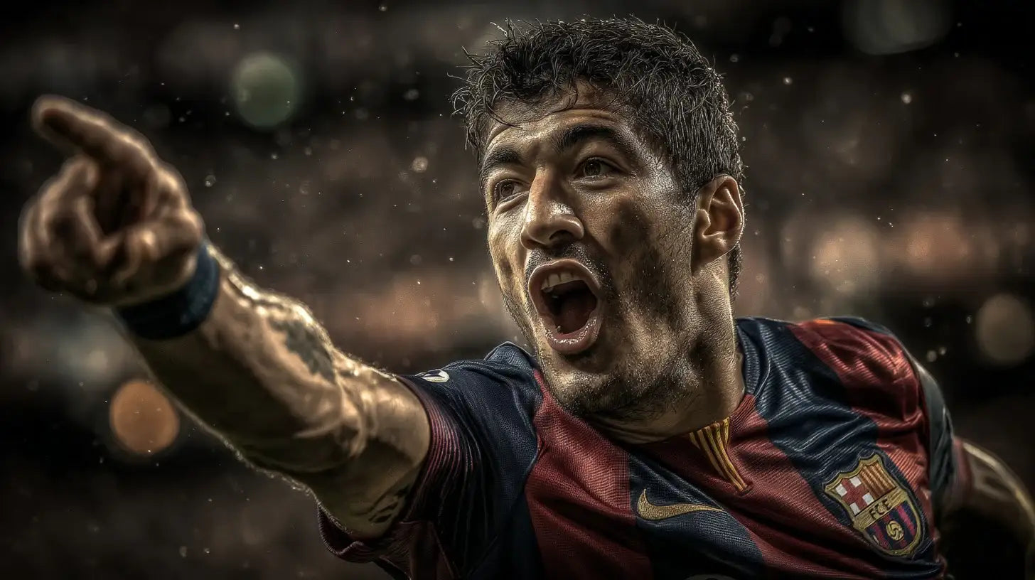 Luis Suárez in FC Barcelona stripes celebrating a goal in heavy rain before a packed crowd.