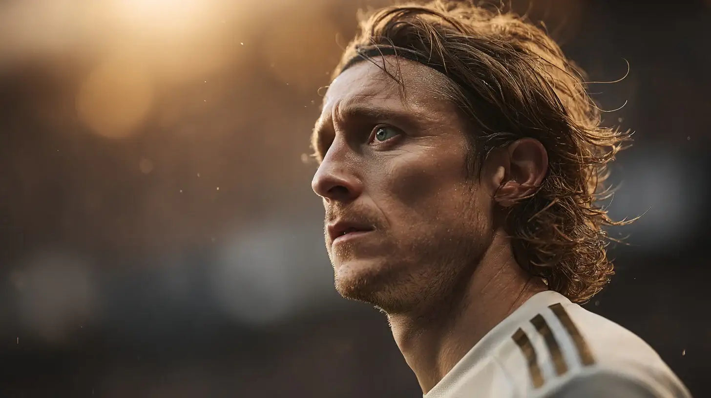 Luka Modrić in Real Madrid kit controlling the ball with calm focus during a high-pressure match.