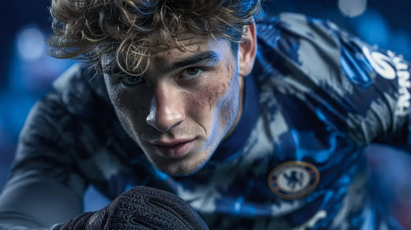 Marc Guiu in Chelsea home shirt celebrating passionately with clenched fist and dramatic green smoke.