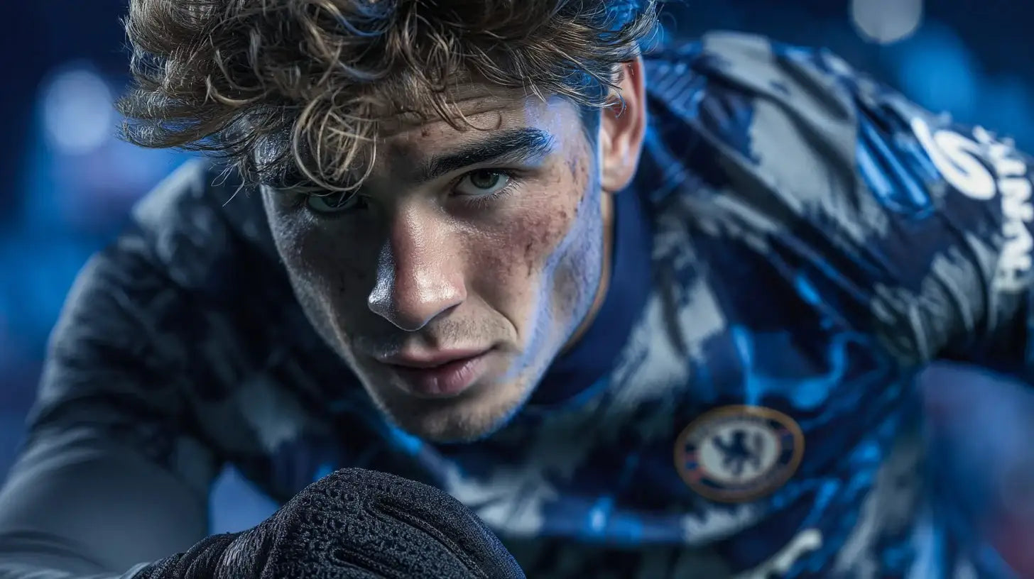 Marc Guiu in Chelsea home shirt celebrating passionately with clenched fist and dramatic green smoke.