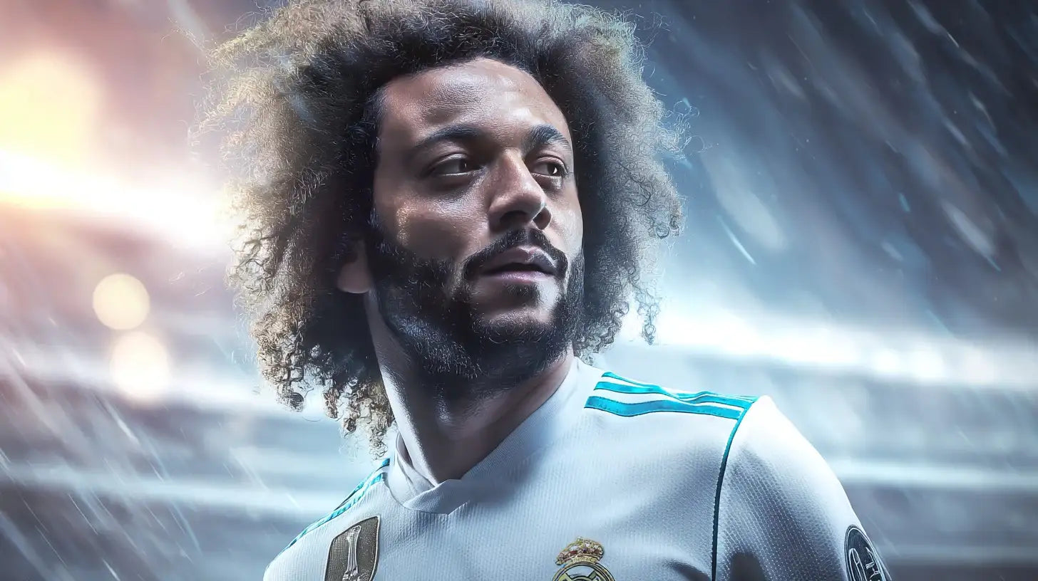 Marcelo in a white Real Madrid football shirt with teal shoulder stripes, looking left under rainy stadium lights.