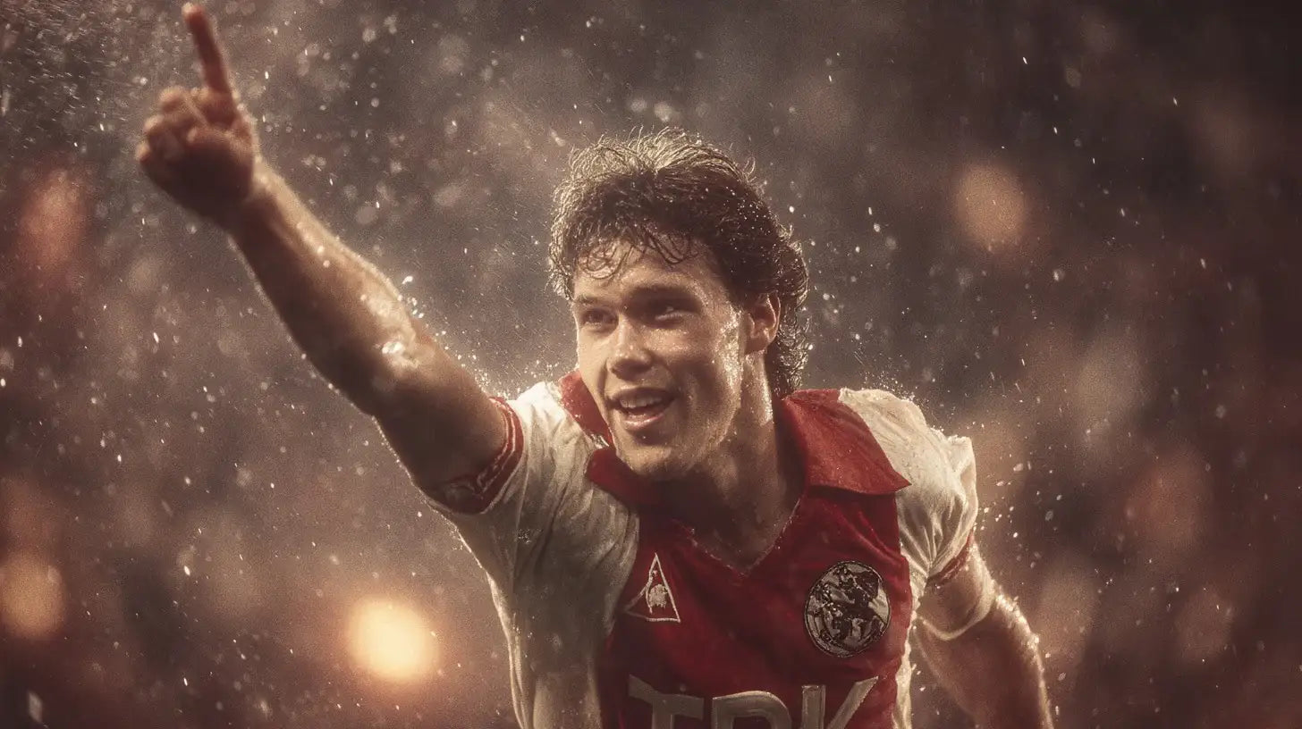 Marco van Basten celebrating in the classic white Ajax football shirt with a bold red central panel and TDK sponsor, pointing to the sky in heavy rain under warm stadium lights.