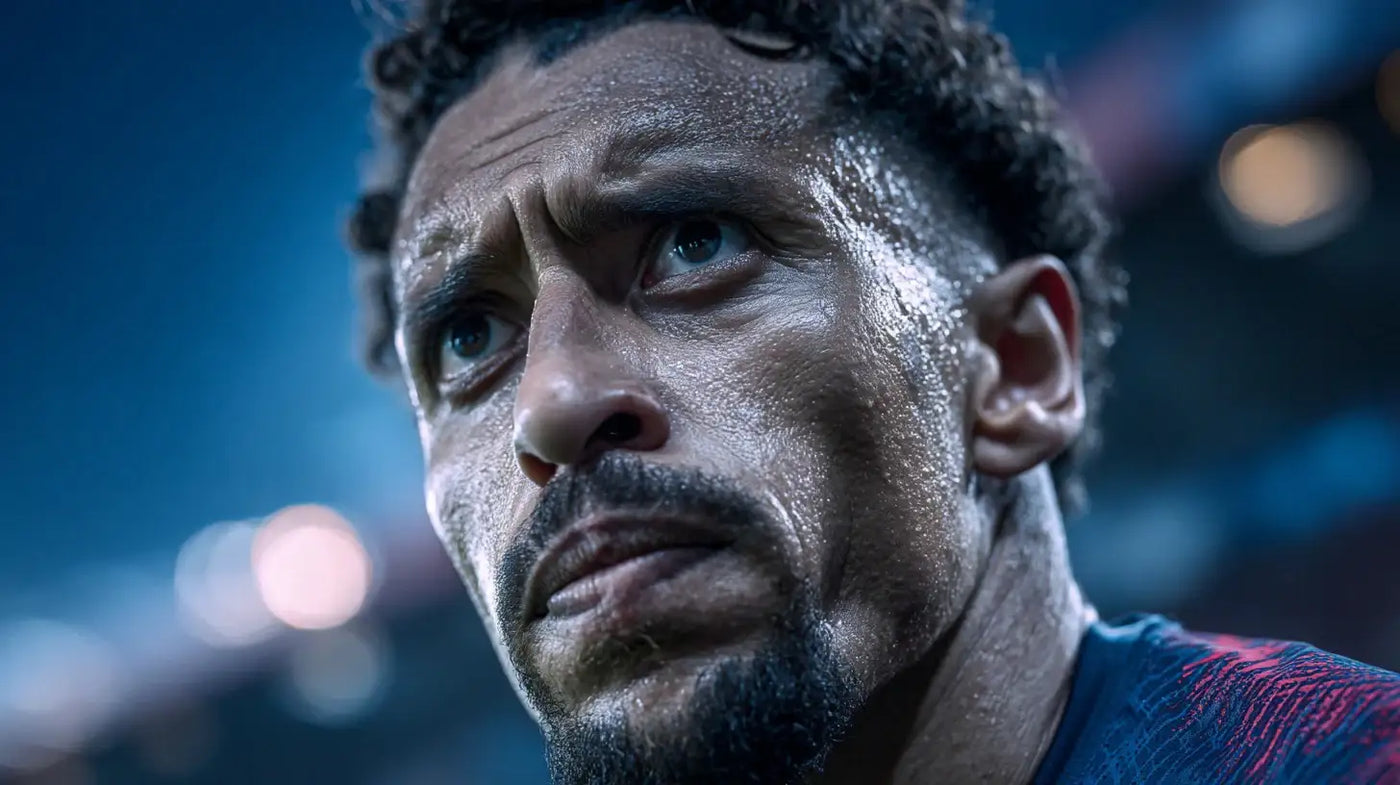 Marquinhos in Paris Saint-Germain navy kit shouting instructions against a glowing stadium backdrop.