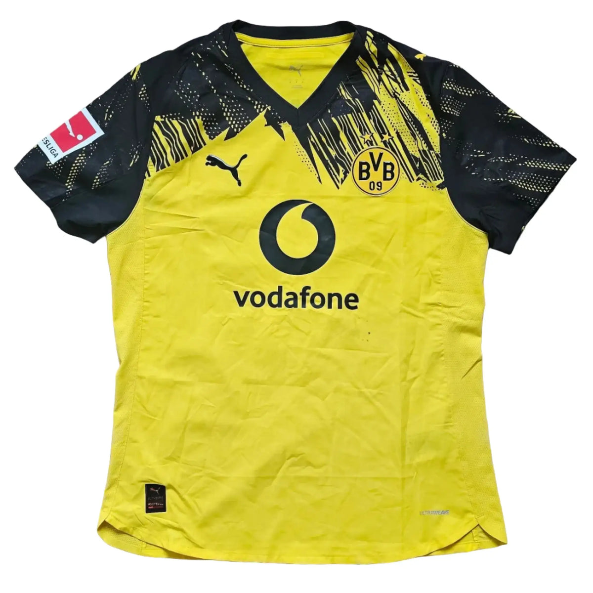 Borussia Dortmund 2025-26 home shirt front in yellow and black, Puma logo, Vodafone sponsor and the Bundesliga sleeve patch.