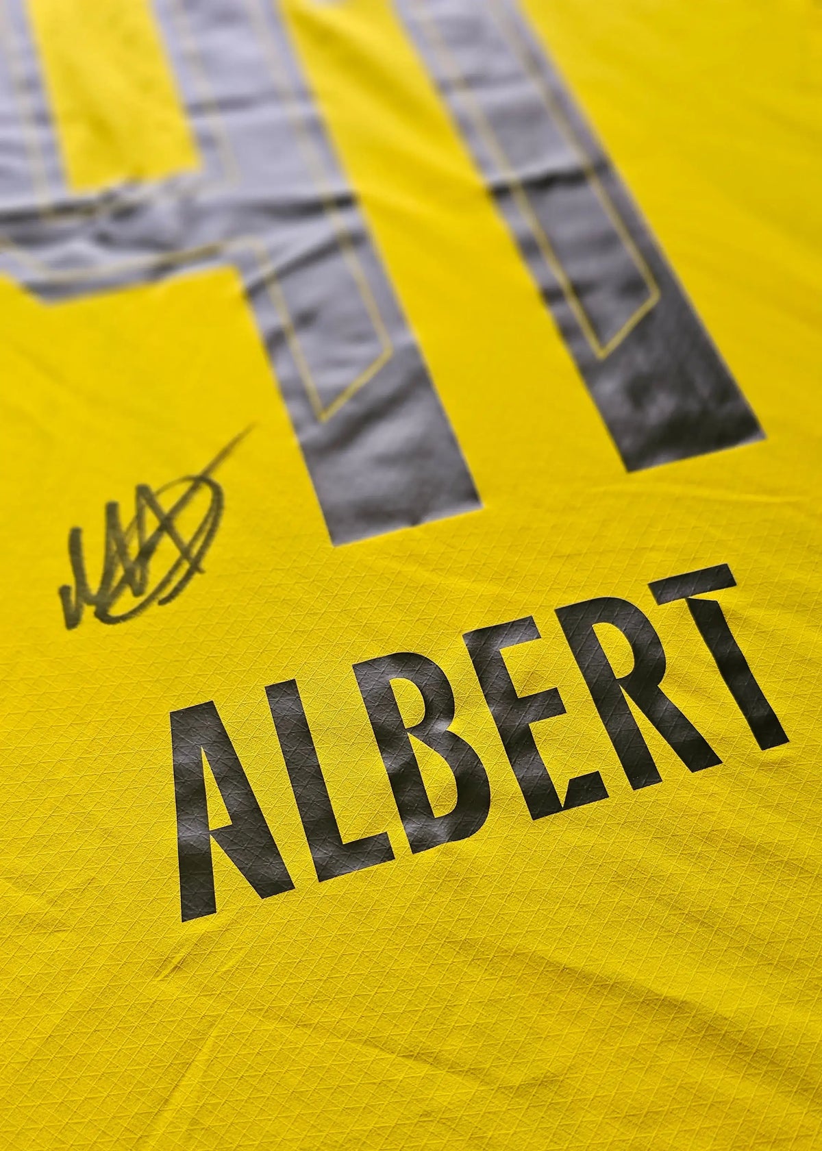 This crop shows the signed autograph above the printed ALBERT nameplate on the back of the Mathis Albert Dortmund 2025-26 home shirt.