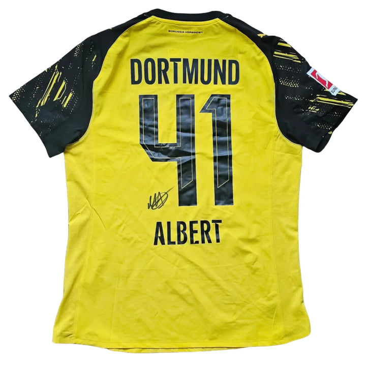 Borussia Dortmund 2025-26 home shirt back in yellow and black, printed DORTMUND above the number 41 and ALBERT, with a signature.