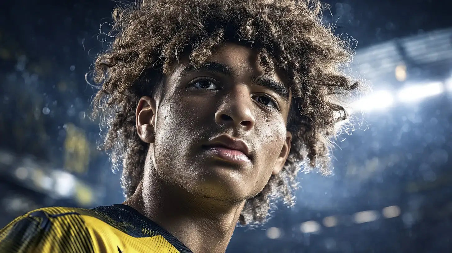 Mathis Albert in Borussia Dortmund yellow and black shirt staring intensely under bright stadium lights.