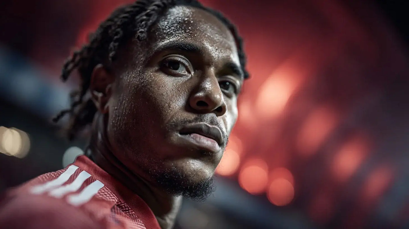 Mathys Tel in Bayern Munich red kit looking over his shoulder with sweat glistening under floodlights.