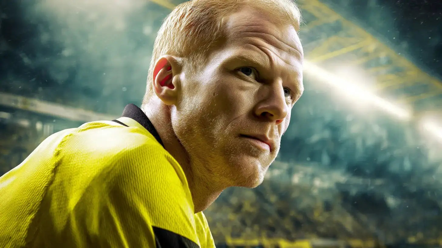 Matthias Sammer of Borussia Dortmund looks to the side while wearing a yellow football shirt with a black collar.