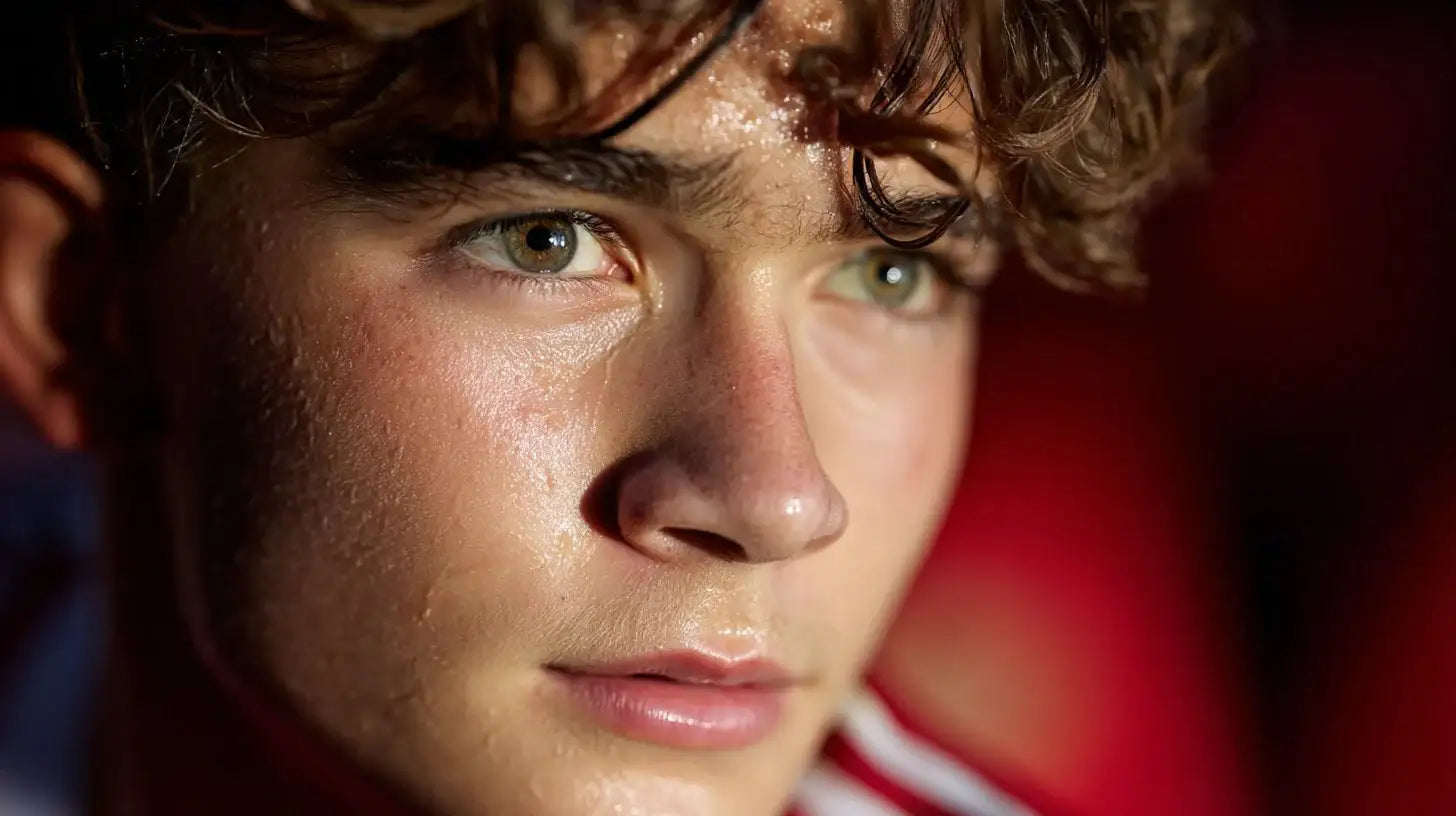 Max Dowman in Arsenal home shirt close up, youthful face lit by warm stadium light.
