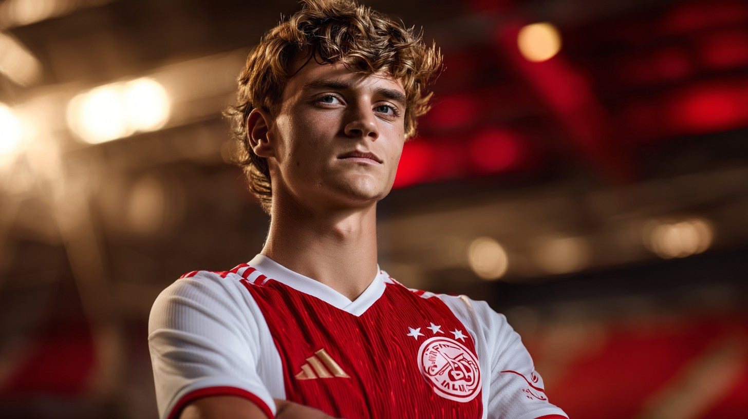 Maximilian Ibrahimovic in Ajax red-and-white shirt, arms crossed portrait with stadium bokeh background.