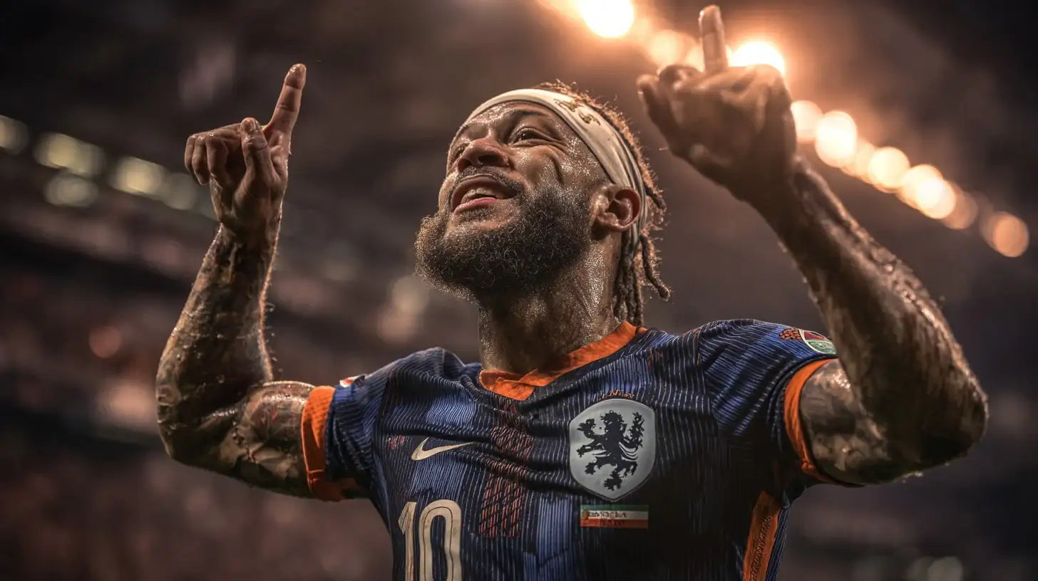 Memphis Depay in Netherlands away kit with headband, arms raised in celebration under bright lights.