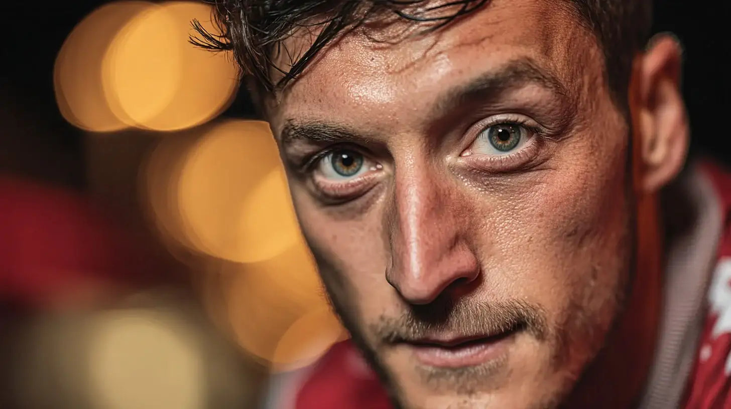 Mesut Özil in Arsenal red and white kit staring directly into the camera with bokeh lights behind.