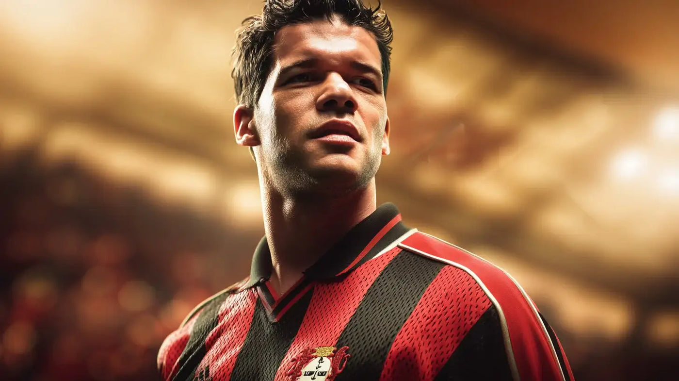 Michael Ballack in a Bayer Leverkusen red and black football shirt with a black collar, standing in a sunlit stadium.