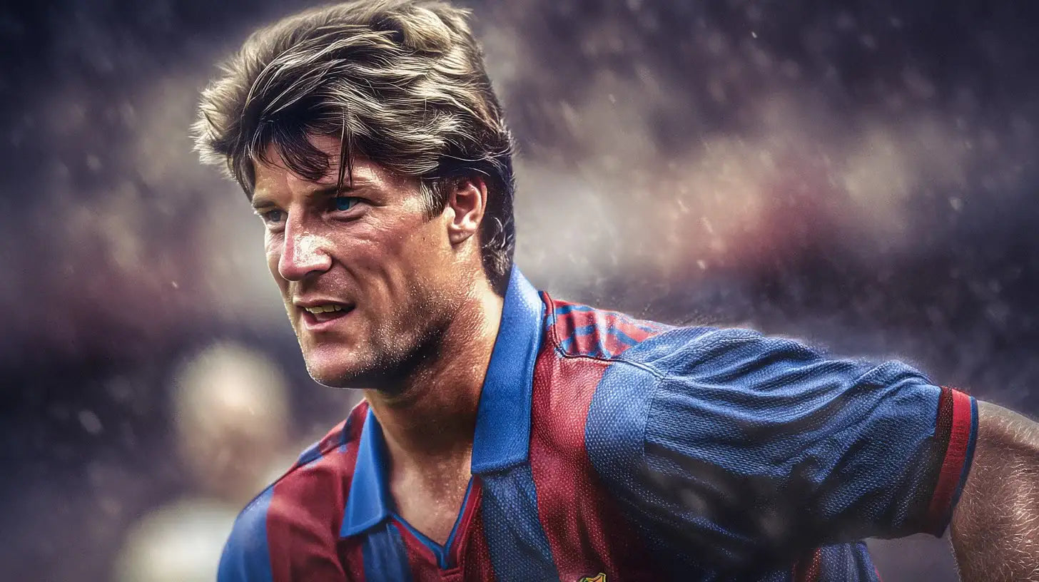 Michael Laudrup Barcelona action portrait in classic blaugrana shirt during a match, rain and stadium lights in the background.