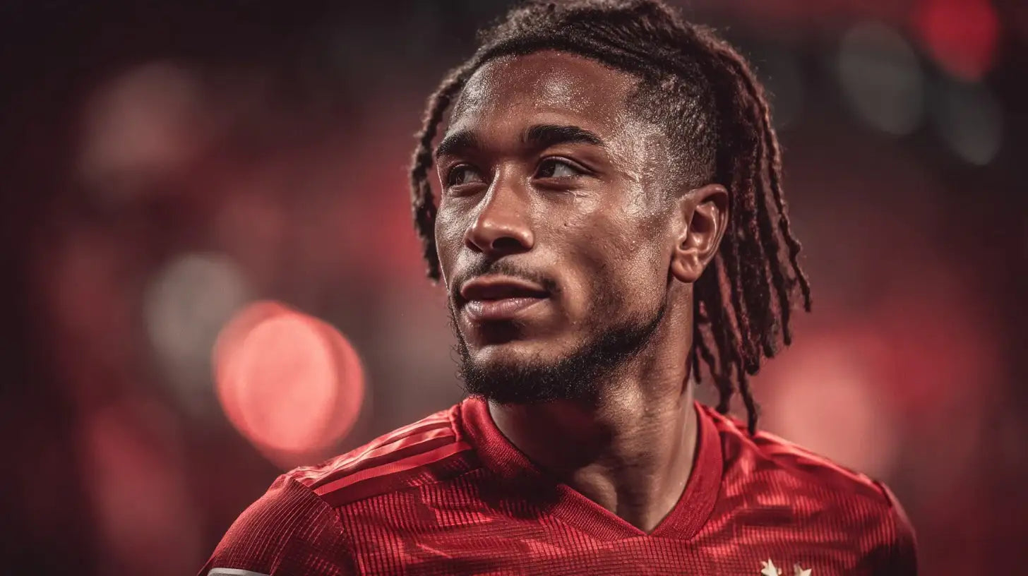 Michael Olise in Bayern Munich home shirt glancing sideways with confident expression in a red-lit stadium.