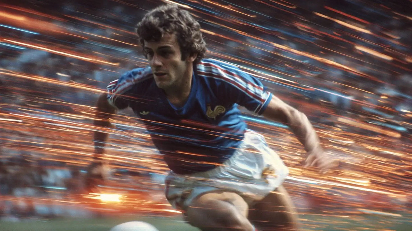 Michel Platini in classic 1984 France blue kit sprinting with the ball through streaks of dynamic motion blur.